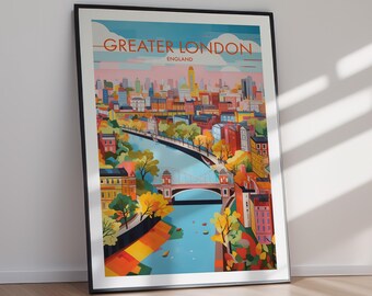 Poster di viaggio della Grande Londra, stampa di un paesaggio urbano colorato, download digitale, stampa artistica da parete.