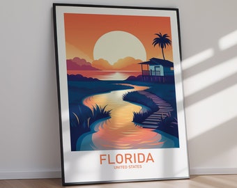 Florida Coastal Landscape Art Print Modern Travel Poster (Digital Download) Printable Home Decor
