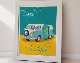 Poster di viaggio sull'Australia, illustrazione vintage di un furgone da surf (download digitale), stampa artistica da parete.