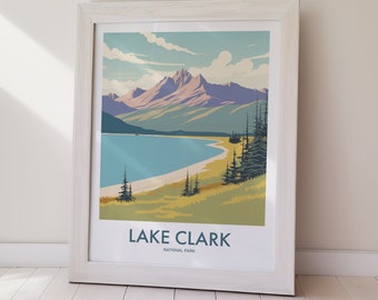 Pôster de arte de parede para download digital do Parque Nacional do Lago Clark, com paisagem montanhosa do Alasca.