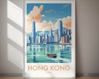 Póster del horizonte de Hong Kong, estilo vintage, para viajes (descarga digital), decoración del hogar imprimible.
