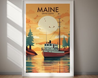 Maine Travel Poster Print, Coastal New England Art Printable Wall Art (Digital Download)