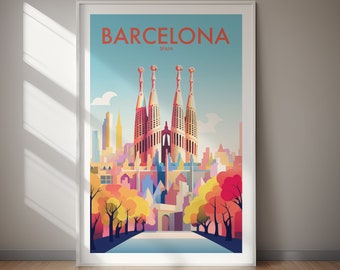 May include: A framed art print featuring a colorful illustration of Barcelona, Spain. The artwork showcases the Sagrada Familia basilica with a vibrant cityscape and the word "BARCELONA" in orange.