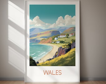 Póster de viaje de Gales, lámina artística costera, descarga digital, arte mural imprimible.