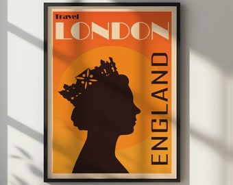 Póster de viaje a Londres, silueta de la reina, lámina artística (descarga digital), decoración del hogar imprimible.