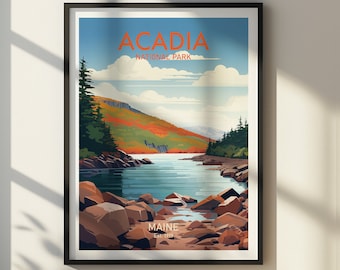 Póster de viaje del Parque Nacional Acadia (DESCARGA DIGITAL) con paisajes de Maine.