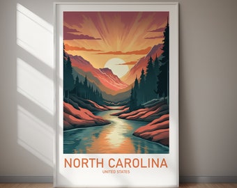 North Carolina Landscape Art Print, Coastal Mountain Travel Poster (Digital Download)