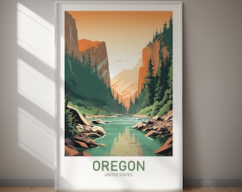 May include: A framed art print featuring a stylized landscape of Oregon. The artwork depicts a river winding through a canyon, with towering cliffs and evergreen trees. The color palette includes shades of green, orange, and teal. The word "OREGON" is printed at the bottom.
