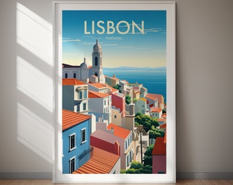 May include: A framed art print featuring a stylized illustration of Lisbon, Portugal. The artwork depicts a cityscape with buildings, red tile roofs, and a church tower against a blue sky and ocean. The word "LISBON" is displayed at the top.