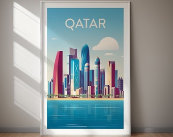 Qatar Skyline Travel Poster, Modern City Art (Digital Download)