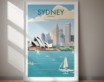 May include: A framed art print featuring a stylized illustration of Sydney, Australia. The artwork depicts the Sydney Opera House, sailboats on turquoise water, and a cityscape under a blue sky with the word "SYDNEY" at the top.
