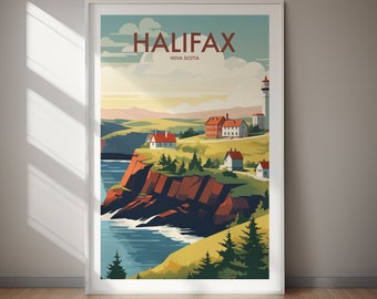 Könnte beinhalten: Eine farbenfrohe Illustration einer Küstenlandschaft mit einem Leuchtturm, Häusern und Bäumen. Der Text "HALIFAX NOVA SCOTIA" befindet sich oben im Bild.
