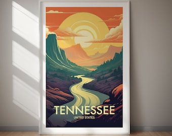 May include: A retro-style travel poster featuring a scenic landscape with a winding river, mountains, and a bright yellow sun. The text "Tennessee, United States" is at the bottom of the poster.