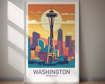 Washington State Travel Poster Modern Seattle Skyline Art (Digital Download) Printable Home Decor