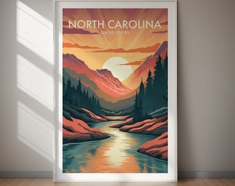May include: A colourful illustration of a mountain landscape with a river flowing through it. The sky is a vibrant orange and yellow, with a large sun in the centre. The mountains are a mix of red, orange, and brown, with green trees lining the river. The text "NORTH CAROLINA UNITED STATES" is at the top of the image.