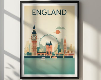 England Travel Poster, London Skyline Art Print (Digital Download)