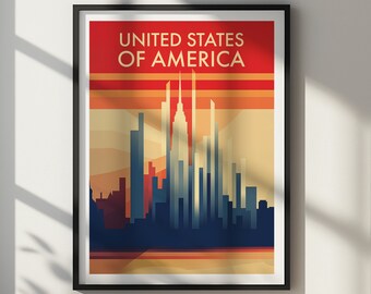 USA Travel Poster Cityscape Art Print DIGITAL DOWNLOAD Printable Wall Art
