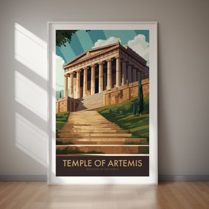 Puede incluir: Una ilustración de póster de viaje vintage del Templo de Artemisa, una de las Siete Maravillas del Mundo. El póster presenta una representación detallada del templo con columnas, una escalera y vegetación circundante.