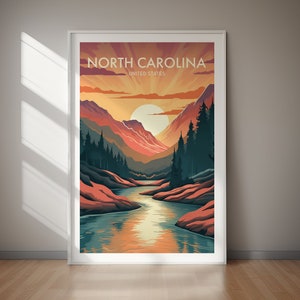 Póster imprimible de CAROLINA DEL NORTE: descarga digital instantánea, arte mural escénico del estado sureño para una decoración sencilla y elegante del hogar o la oficina.