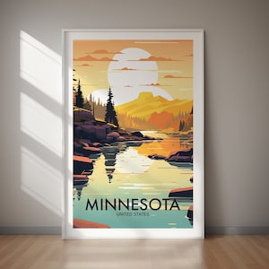 Poster di viaggio del Minnesota stampabile, download digitale di arte murale moderna dello Stato, regalo per la decorazione della casa con paesaggi dei laghi settentrionali per viaggiatori