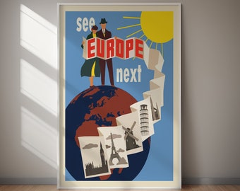 See Europe Travel Poster Vintage Style Print (Digital Download) Printable Wall Art