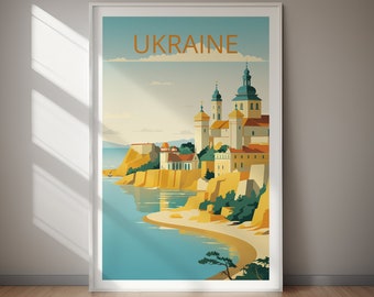 Póster de viaje de Ucrania, paisaje urbano de Europa del Este, arte digital para descargar, imprimible para pared.