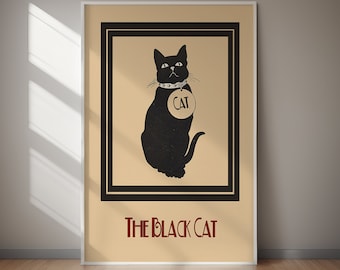 Vintage Black Cat Poster Retro Wall Decor Gothic Cat Art Print Spooky Animal Digital Download