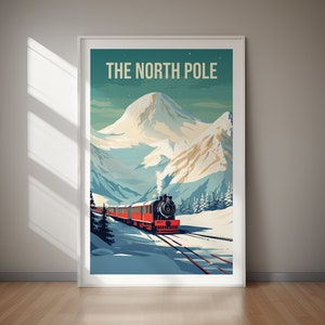 May include: A vintage travel poster design featuring a red train traveling through a snowy mountain landscape. The poster has the text "THE NORTH POLE" at the top.