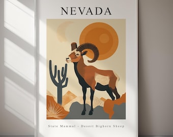 May include: A framed art print featuring a stylized illustration of a desert bighorn sheep. The artwork includes the word "NEVADA" at the top, with the text "State Mammal - Desert Bighorn Sheep" at the bottom. The color palette includes shades of brown, orange, and beige.