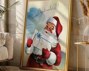 Stampa natalizia retrò con Babbo Natale e la scritta "Buon Natale a tutti" - DOWNLOAD DIGITALE - Decorazione per la casa stampabile