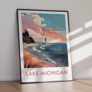 LAKE MICHIGAN POSTER travel wall art printable digital download Lake Michigan decor retro travel poster modern home printable wall art