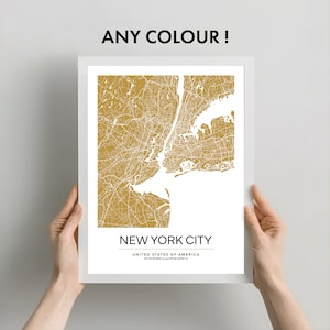 Affiche de carte de la ville de New York, impression de carte de la ville belle et contemporaine, différentes tailles, affiches téléchargeables, couleurs de carte personnalisées disponibles
