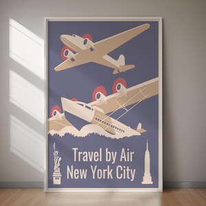VIAGGIARE IN AEREO Poster vintage di New York City, download digitale istantaneo, decorazione murale retrò da viaggio per un arredamento nostalgico ed elegante per la casa o l'ufficio