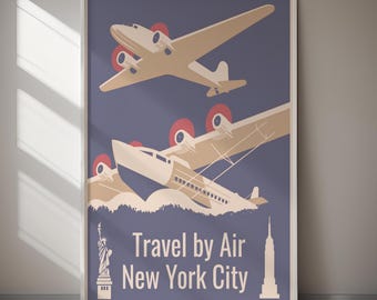 New York City Travel Poster Vintage Airplane Art (Digital Download) Printable Home Decor