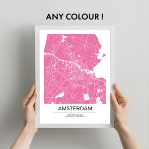 Amsterdam Map Poster, schöner und zeitgenössischer Stadtplandruck, verschiedene Größen, herunterladbare Poster, benutzerdefinierte Kartenfarben erhältlich
