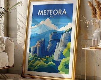Poster di viaggio Meteora, Grecia, con paesaggio suggestivo (download digitale), stampa artistica da parete.
