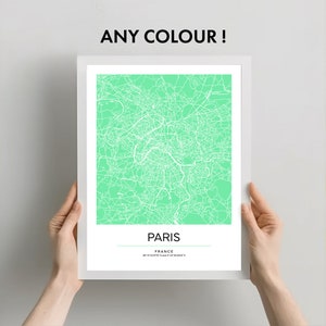 Póster con mapa de París, impresión de mapa de ciudad hermosa y contemporánea, varios tamaños, póster con impresión de mapa descargable, colores de mapa personalizados disponibles