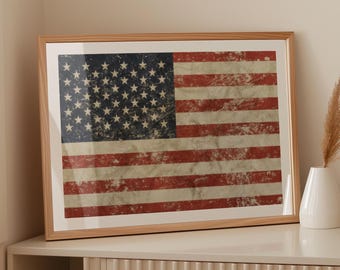 Vintage US Flag Wall Art Print, Digital Download, Modern Patriotic Print, Americana Wall Decor
