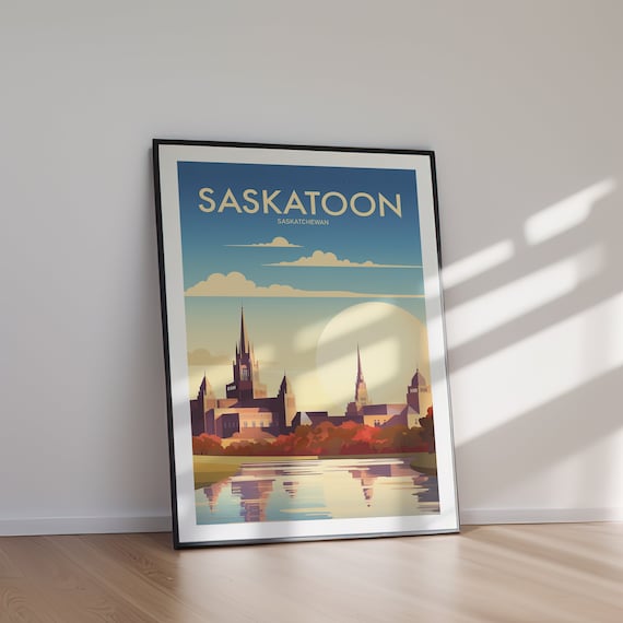 SASKATOON SASKATCHEWAN RIVER Printable City Travel Art Digital Download Prairie Urban Landscape Wall Decor Modern Home Print