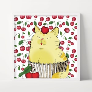 CHERRY CAT Poster, Wall Art, Classic Print, Extra Large Wall Art, Funny Art, Cat Pic, Funny Cat, Gift, Gifts For Her, Gifts For Him