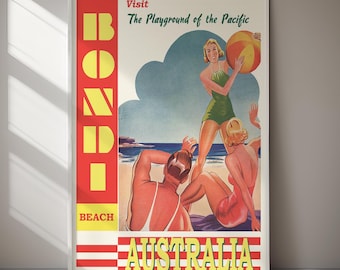 Póster de viaje vintage de Bondi Beach, lámina artística retro australiana (descarga digital)