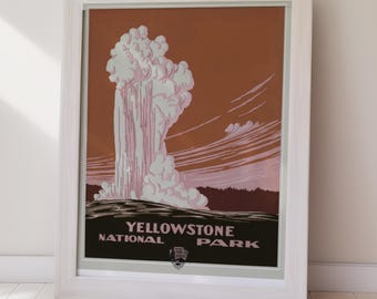 May include: Framed vintage-style poster featuring a stylized illustration of a geyser erupting in Yellowstone National Park. The artwork uses a palette of brown, pink, and white, with the park's name prominently displayed at the bottom.