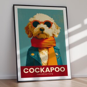 Könnte beinhalten: Ein gerahmtes Poster mit einem flauschigen cremefarbenen Cockapoo-Hund, der eine runde orangefarbene Sonnenbrille, einen leuchtend orangefarbenen Schal und eine blaue Jacke trägt. Der Hintergrund ist blaugrün und das rote Banner zeigt den Text COCKAPOO Cool Without Trying.