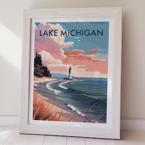 LAKE MICHIGAN POSTER travel wall art printable digital download Lake Michigan decor retro travel poster modern home printable wall art
