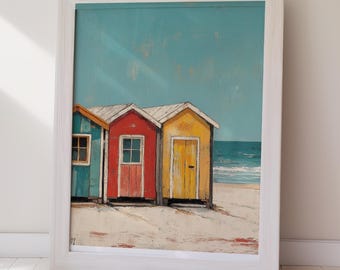 Póster de viaje vintage con coloridas cabañas de playa, arte retro costero, descarga digital, arte mural vintage imprimible.