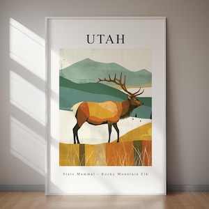 Arte mural de mamíferos del estado de Utah: Impresión de alce de las Montañas Rocosas, descargable e imprimible al instante, decoración del hogar, arte mural, arte natural, varios tamaños de impresión