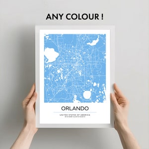 Kaartposter Orlando, print prachtige en eigentijdse stadskaart, aangepaste verschillende maten, downloadbare posters, aangepaste kaartkleuren beschikbaar