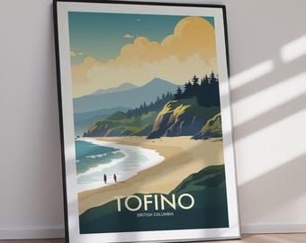 Descarga digital de Tofino, Columbia Británica. Lámina artística de paisaje costero. Póster de arte mural moderno para viajes.