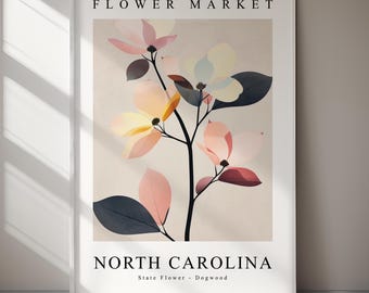 North Carolina Dogwood Flower DIGITAL WALL ART Art Print State Travel Poster