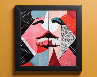 Puede incluir: Impresión artística abstracta que presenta un rostro estilizado compuesto por formas geométricas y colores llamativos. La obra de arte está enmarcada en un marco cuadrado negro e incluye tonos de rosa, rojo, negro, blanco y azul. Una decoración de pared moderna y llamativa.